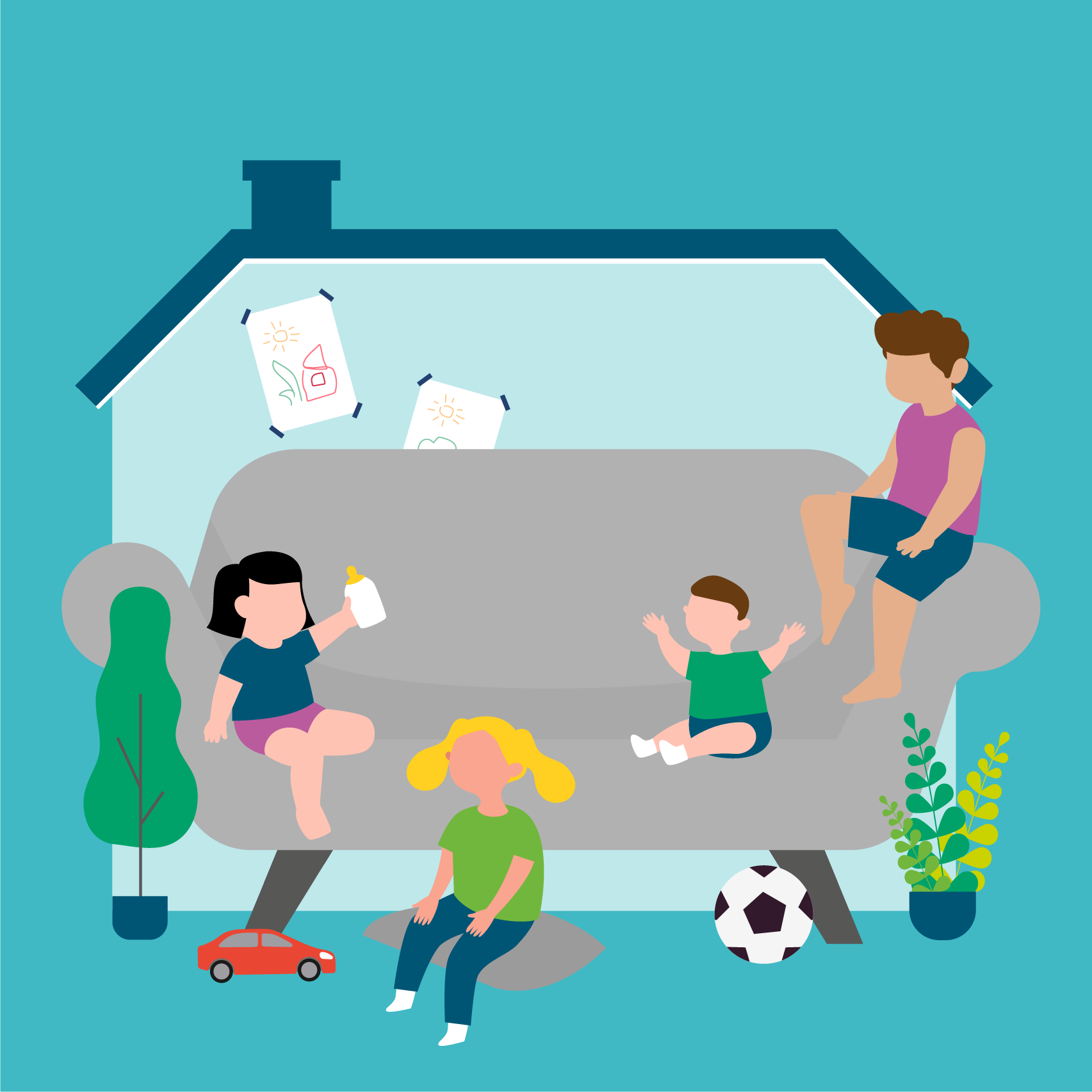Illustration Kinder in verschiedenen Alter spielen mit unterschiedlichen Sachen und sitzen auf einer Couch vor einem Haus.