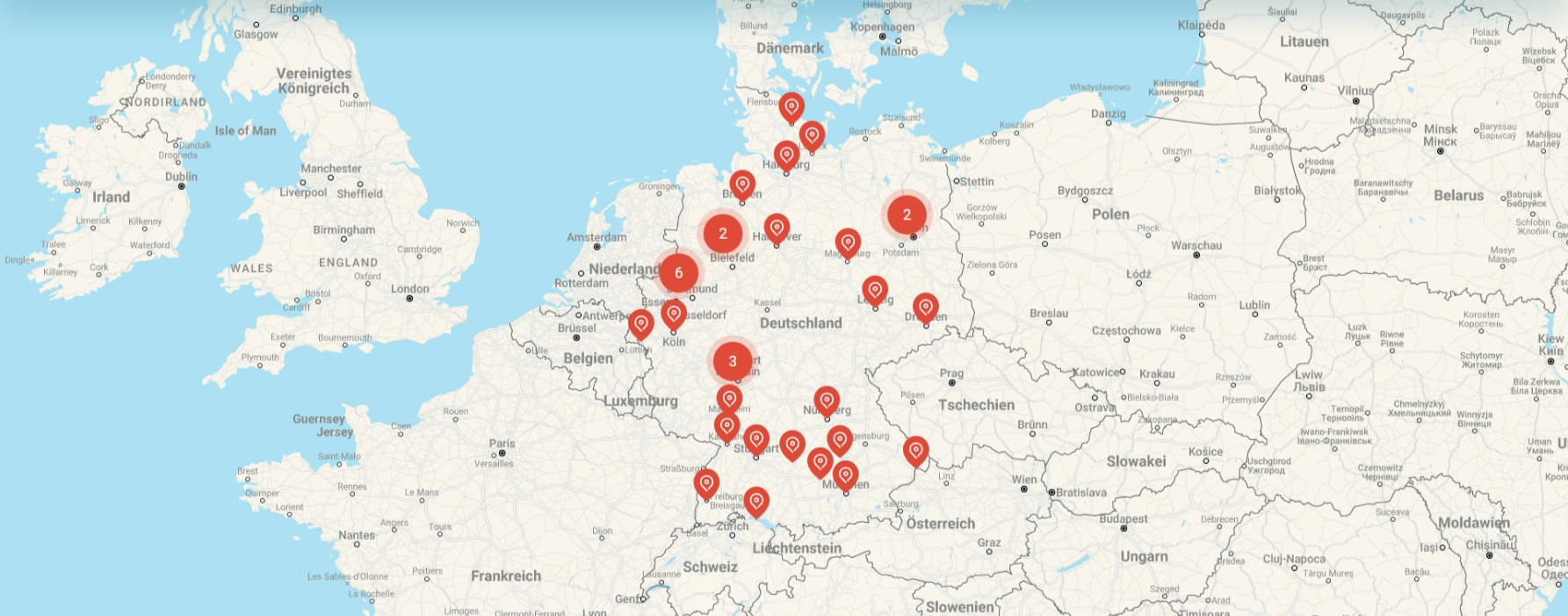 Ausschnitt einer Europa-Karte mit roten Markierungen in Deutschland.