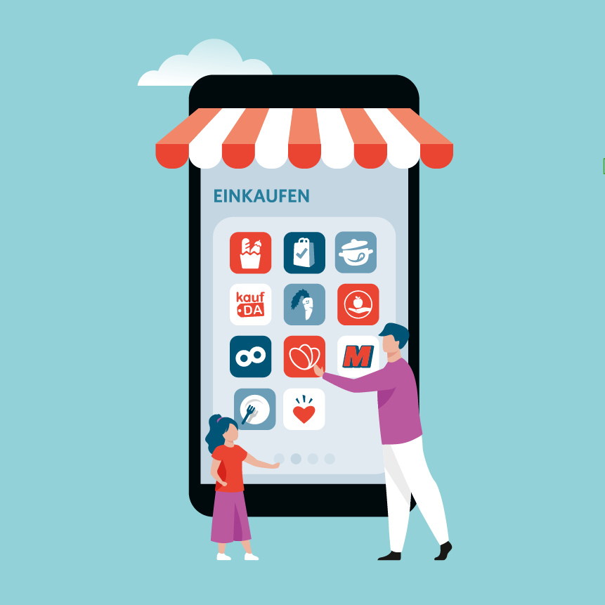 Illustration Smartphone zeigt Einkaufsapps; Mann und Kind interagieren damit.