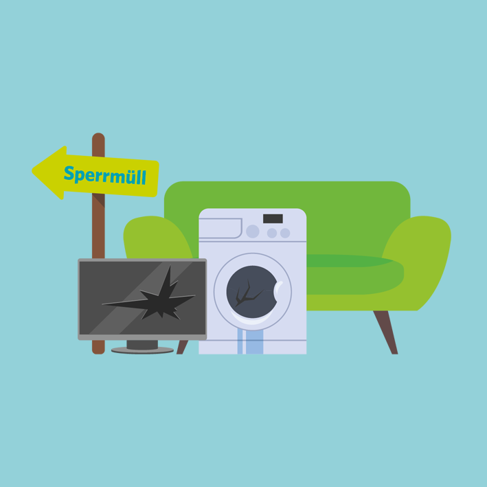 Illustration. Wort „Sperrmüll“.Schild neben kaputten Fernseher, eine kaputte Waschmaschine und eine grüne Couch.