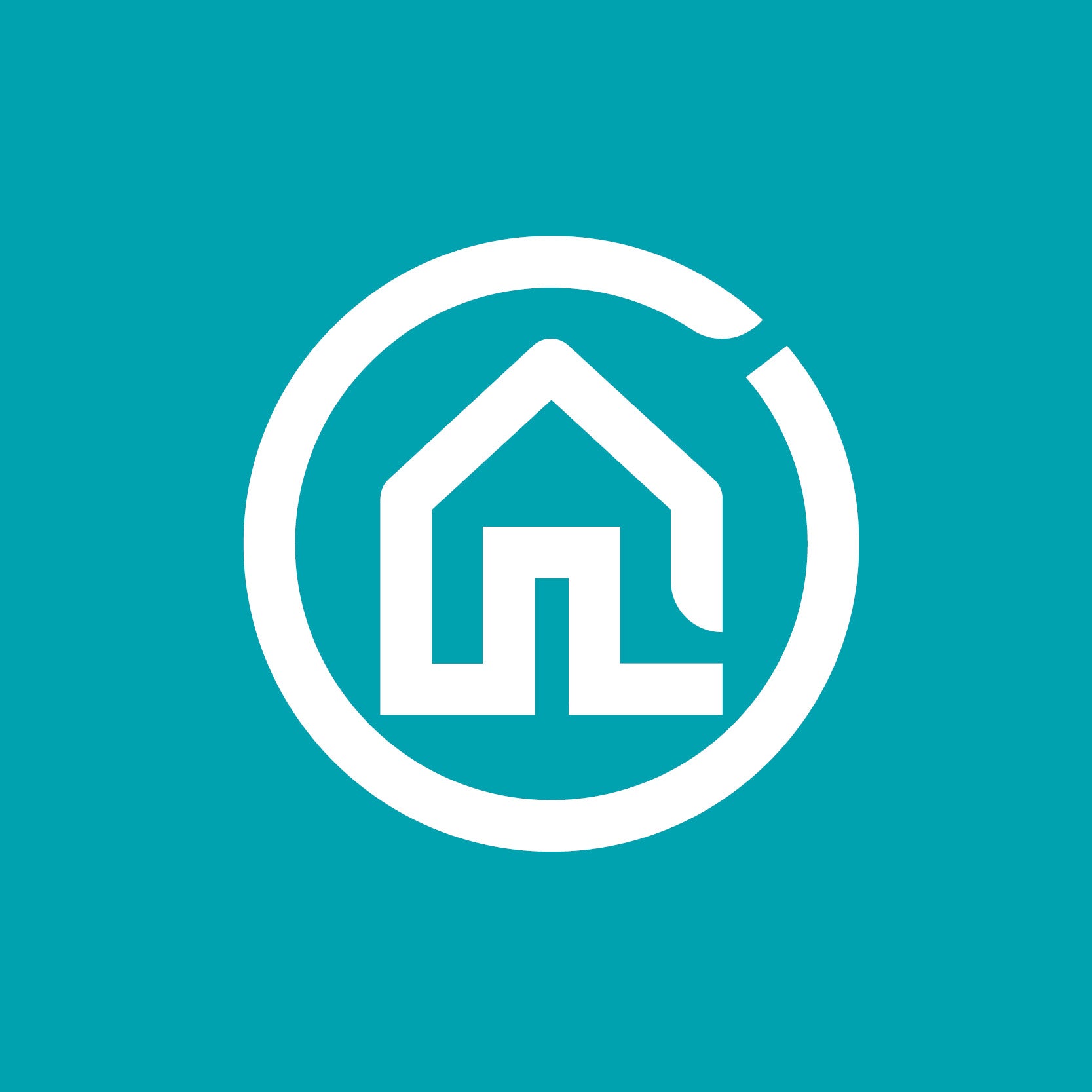 Weißes Haus Symbol, umgeben von einem Kreis auf türkisem Hintergrund.
