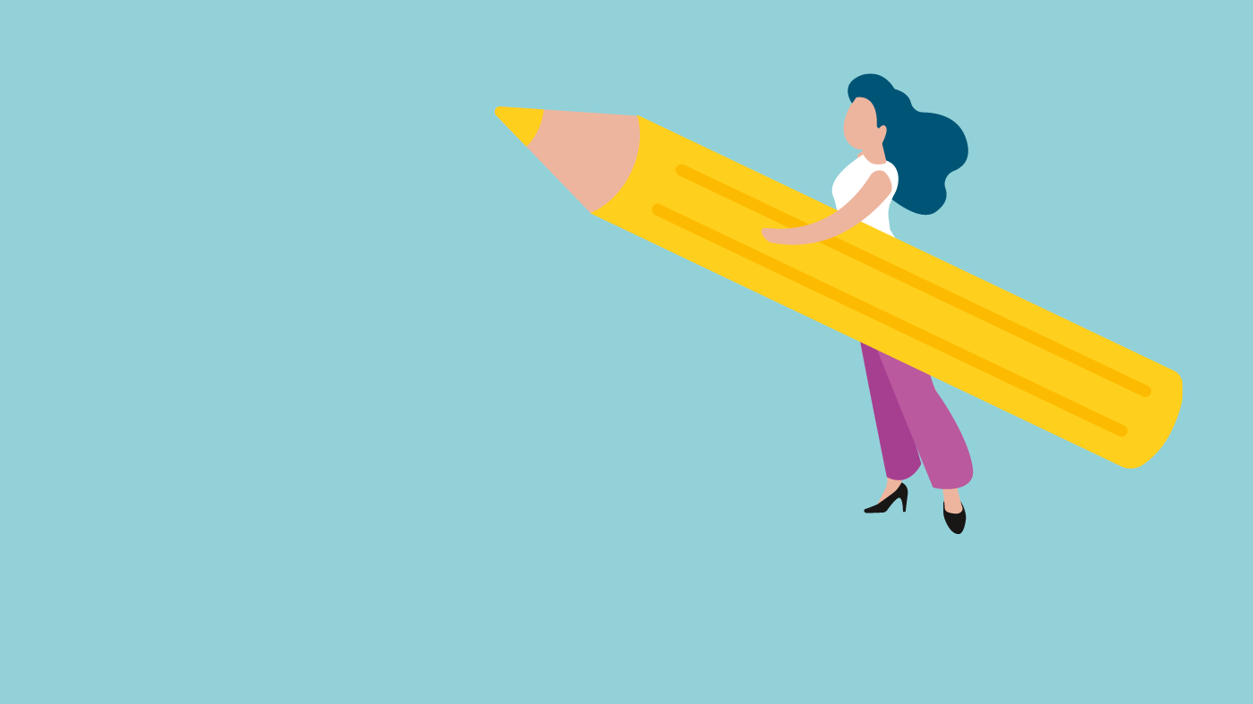 Illustration Person trägt großen gelben Stift vor hellblauem Hintergrund.