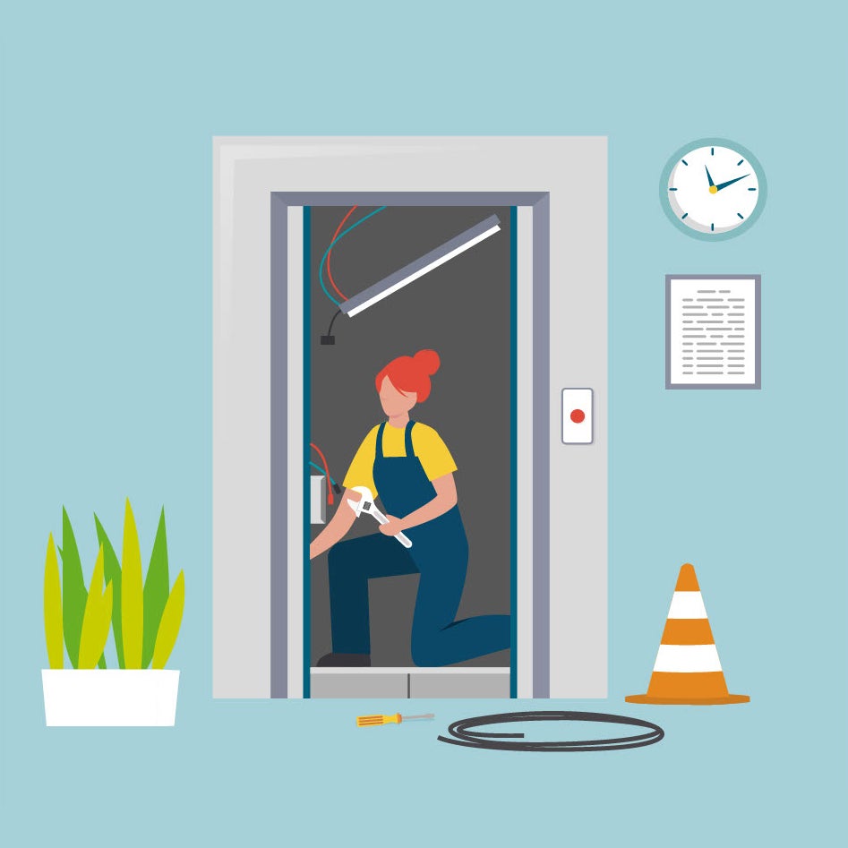 Illustration Frau repariert einen defekten Fahrstuhl.