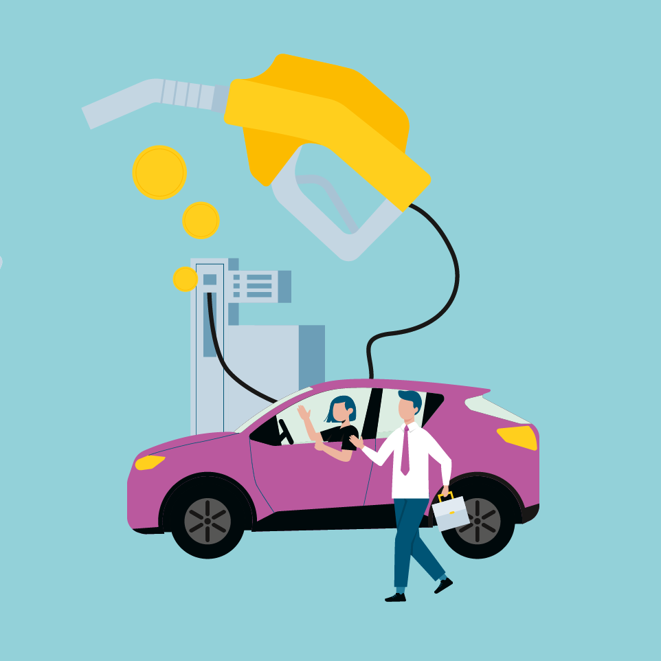 Illustration Auto tankt an Zapfsäule, Mann geht mit Aktentasche vorbei.