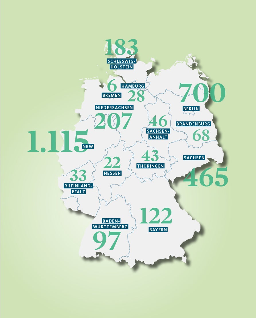 Deutschlandkarte mit Zahlen, die Anzahl des historischen Bestandes angeben.