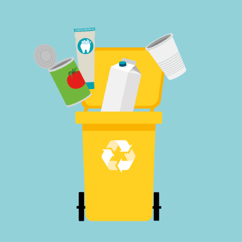 Gelber Mülleimer recycelt Konservendosen, Becher und Milchkarton.