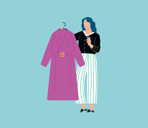 Illustration Frau hält einen pinken Mantel in der Hand; blauer Hintergrund.