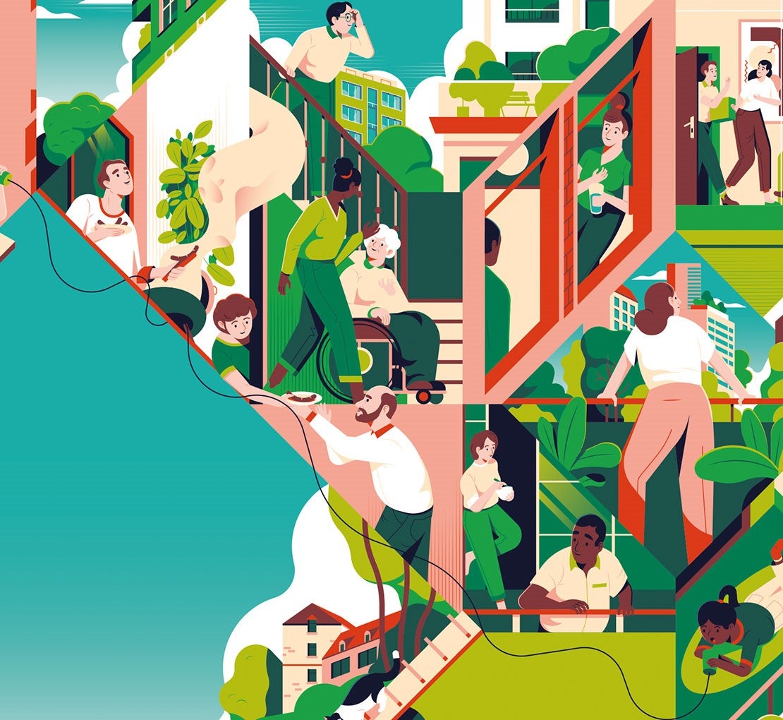 Illustration für das Branchenmagazin Wohnen und Gesellschaft. Menschen sprechen, arbeiten und entspannen in einem Wohnblock.